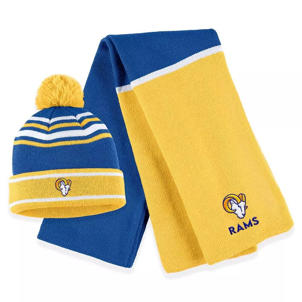 Women's WEAR by Erin Andrews Royal Los Angeles Rams Colorblock Cuffed Knit Hat with Pom and Scarf Set, Blue Product Image