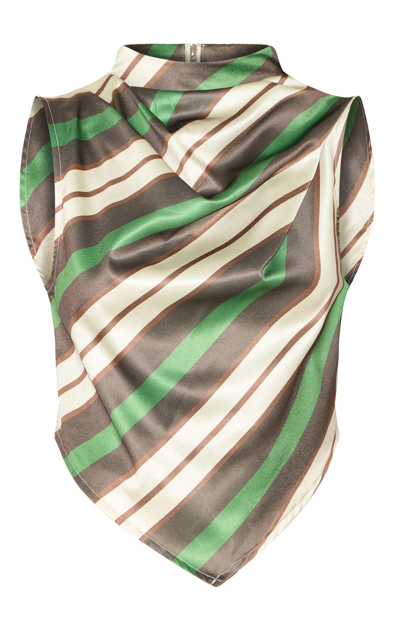 Green Satin Stripe High Neck Cowl Top Product Image