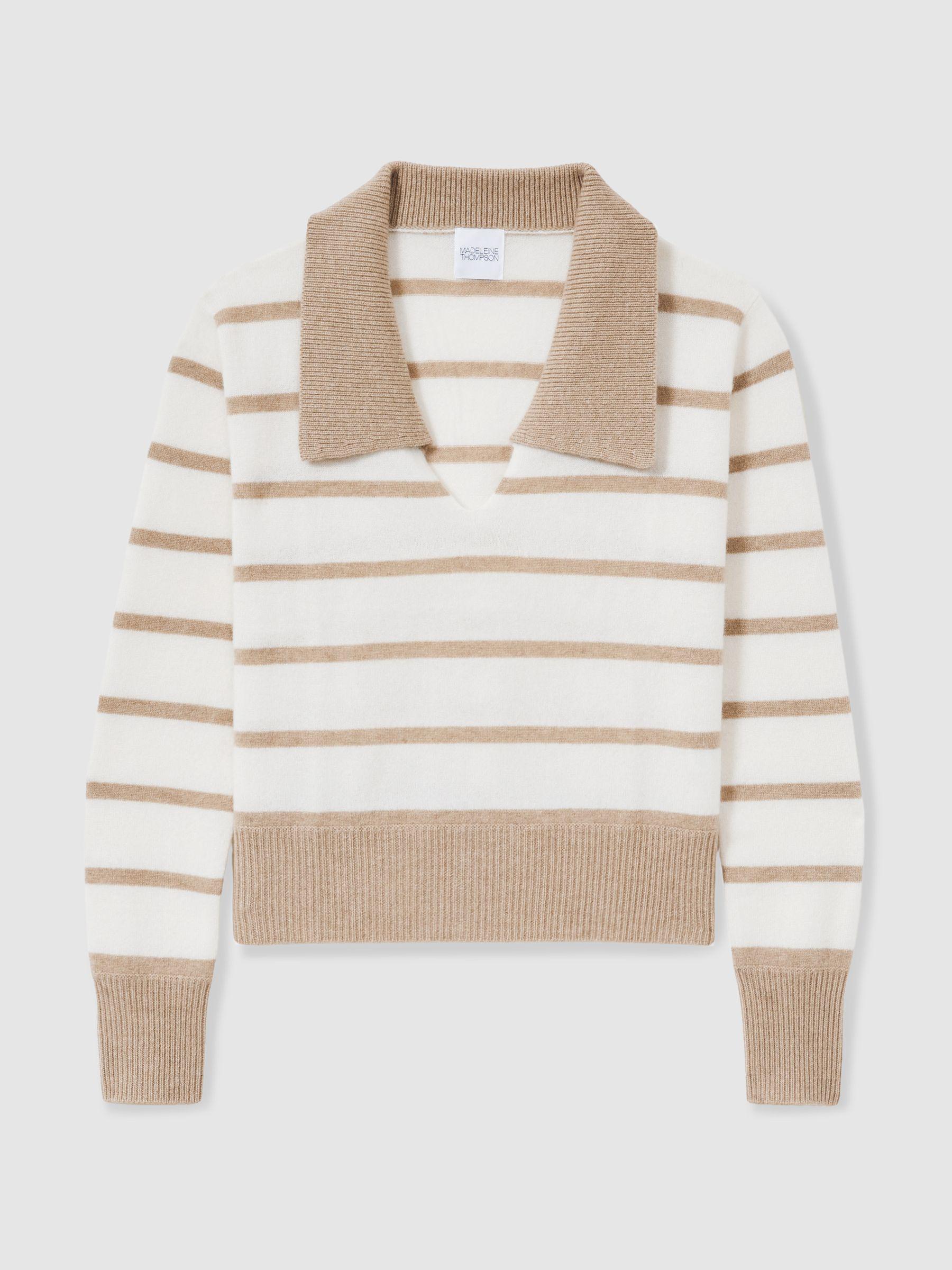 Cashmere Open Collar Striped Jumper in White/Beige Product Image