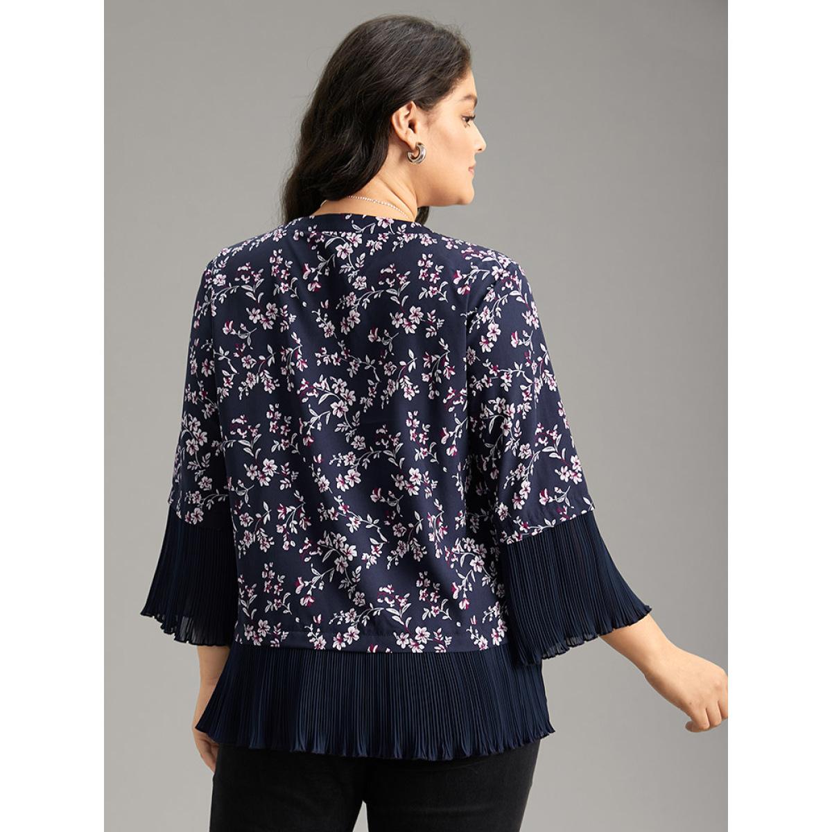 Plus Size Indigo Ditsy Floral Pleated Cuffs Patchwork Blouse Women Elegant Elbow-length sleeve V-neck Dailywear Blouses BloomChic 12/L Product Image