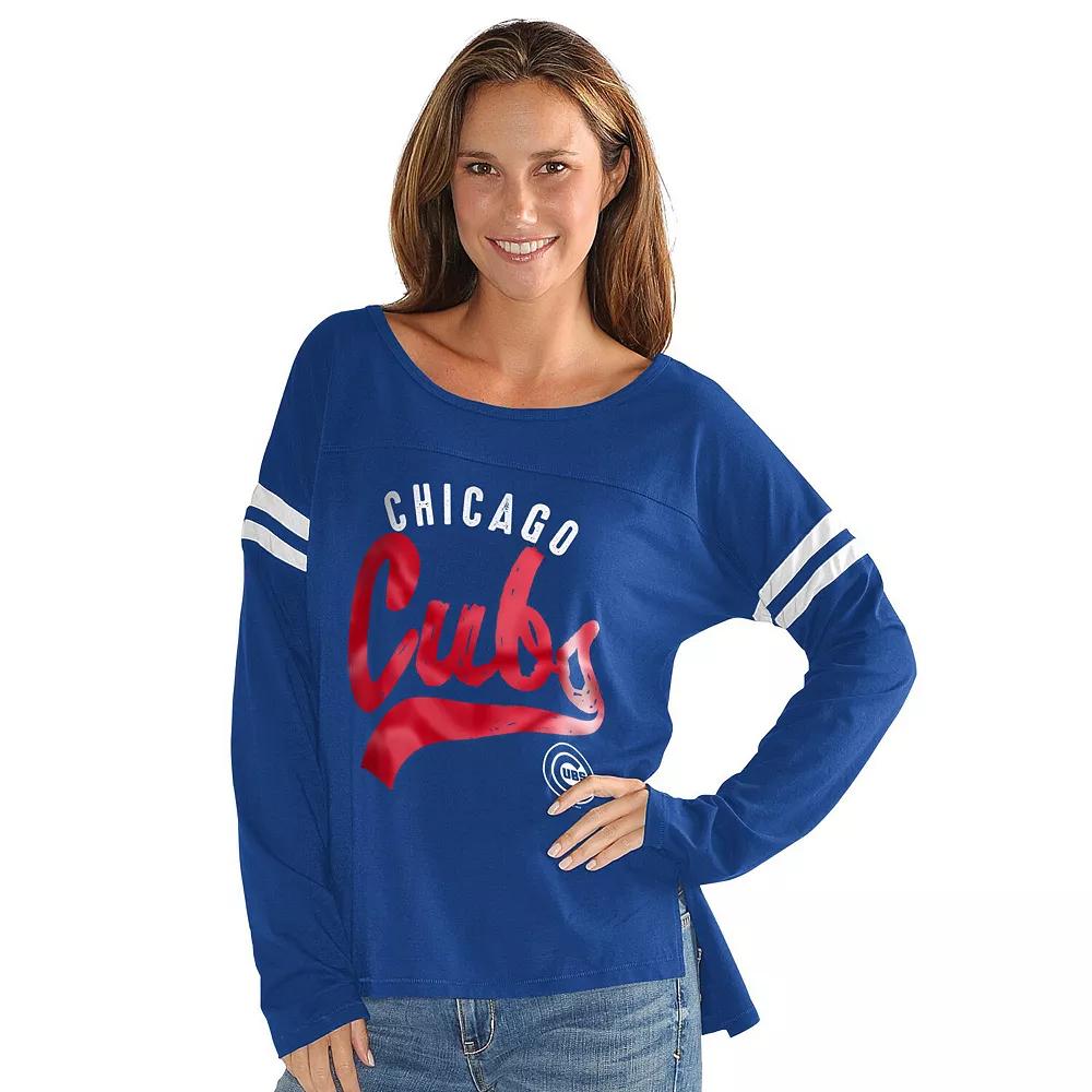 Women's G-III 4Her by Carl Banks  Royal Chicago Cubs Free Agent Distressed Long Sleeve Scoop Neck T-Shirt, Size: Small, Blue Product Image