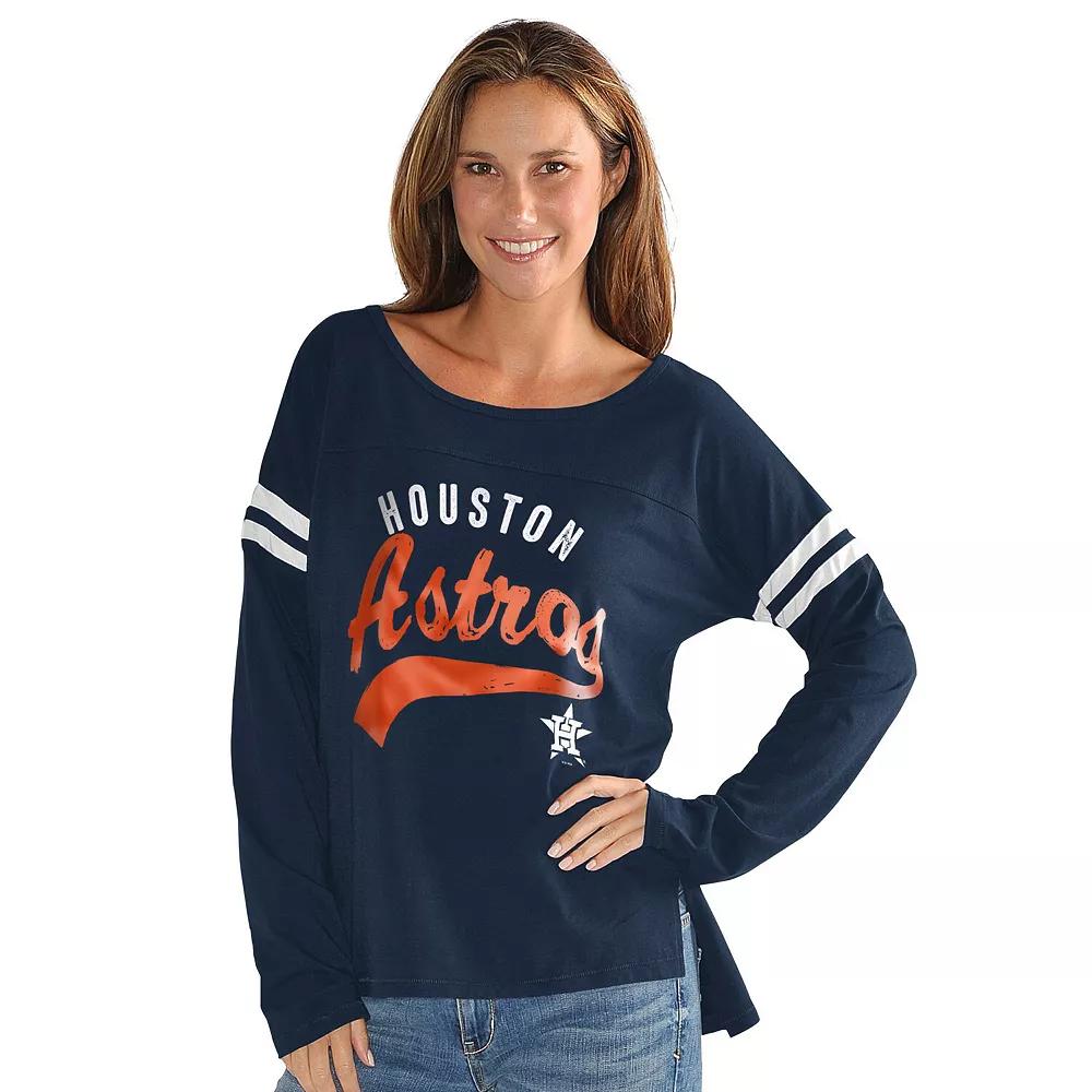 Women's G-III 4Her by Carl Banks  Navy Houston Astros Free Agent Distressed Long Sleeve Scoop Neck T-Shirt, Size: Small, Blue Product Image