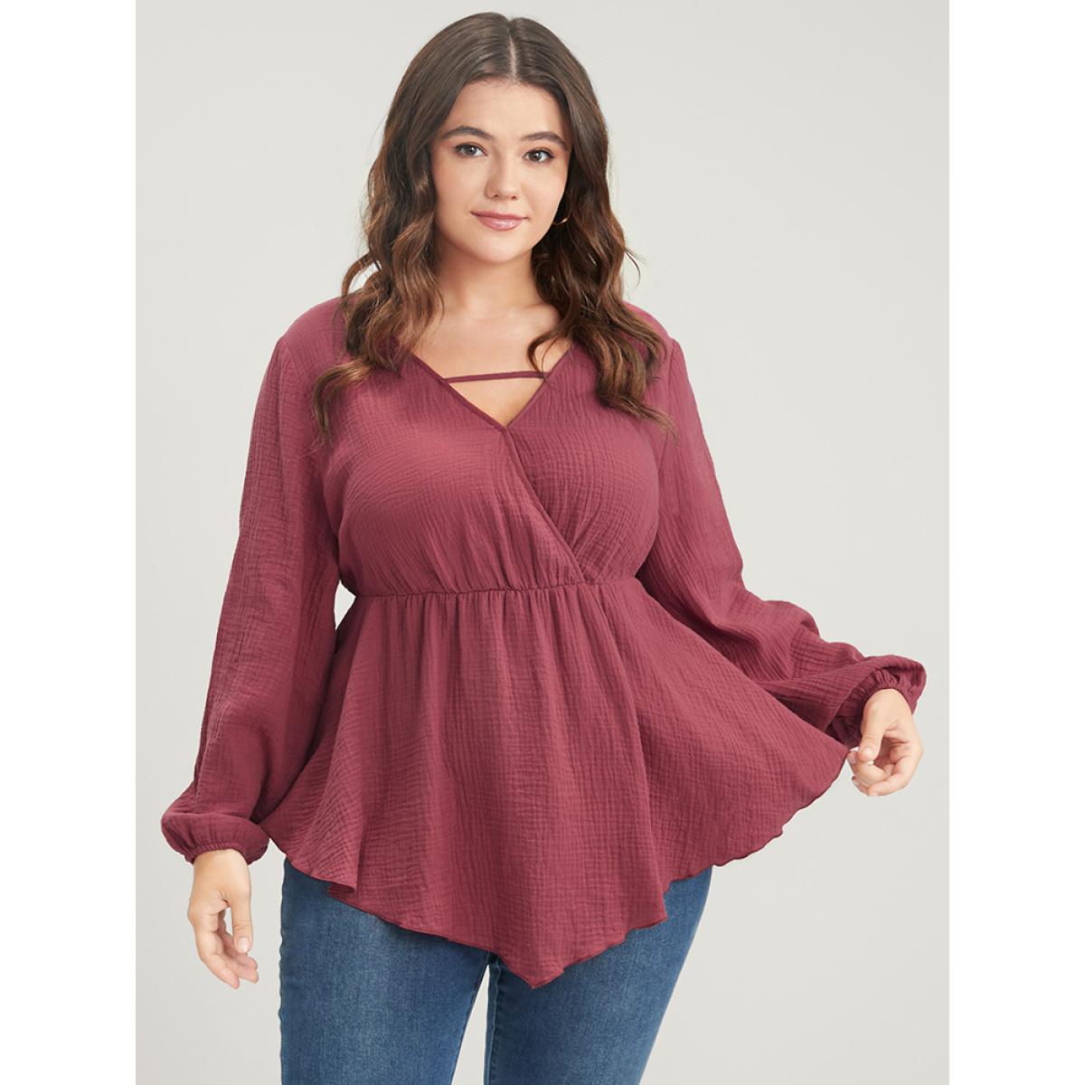 Plus Size Russet Solid Lantern Sleeve Asymmetrical Hem Wrap Blouse Women Elegant Long Sleeve V-neck Dailywear Blouses BloomChic 28/5X Product Image