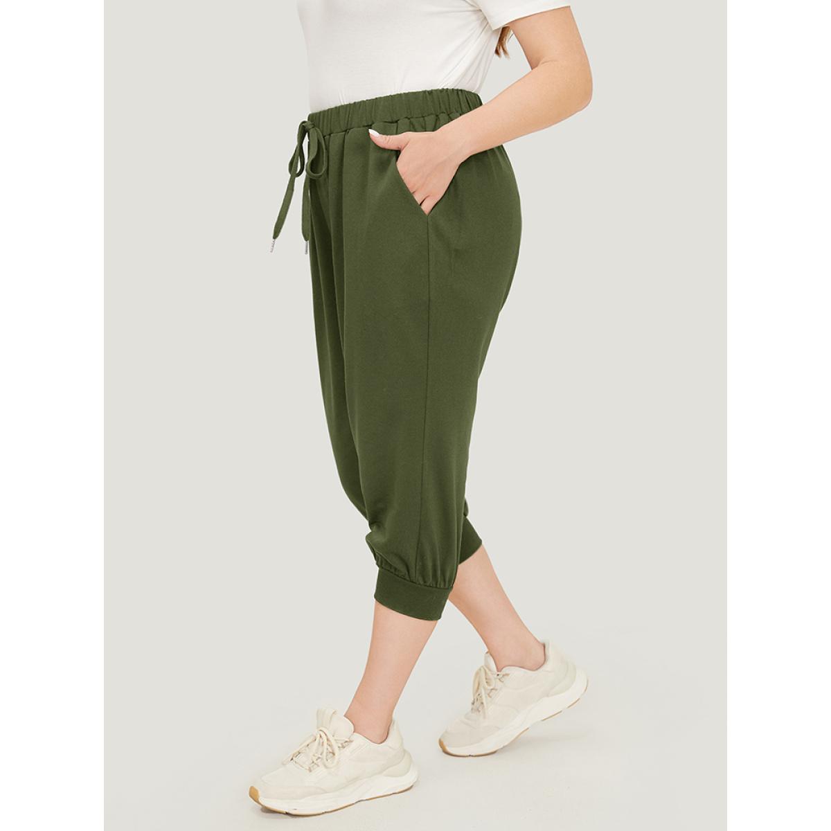 Plus Size Solid Knot Front Pocket Carrot Pants Women ArmyGreen Casual High Rise Dailywear Pants BloomChic 30/6X Product Image