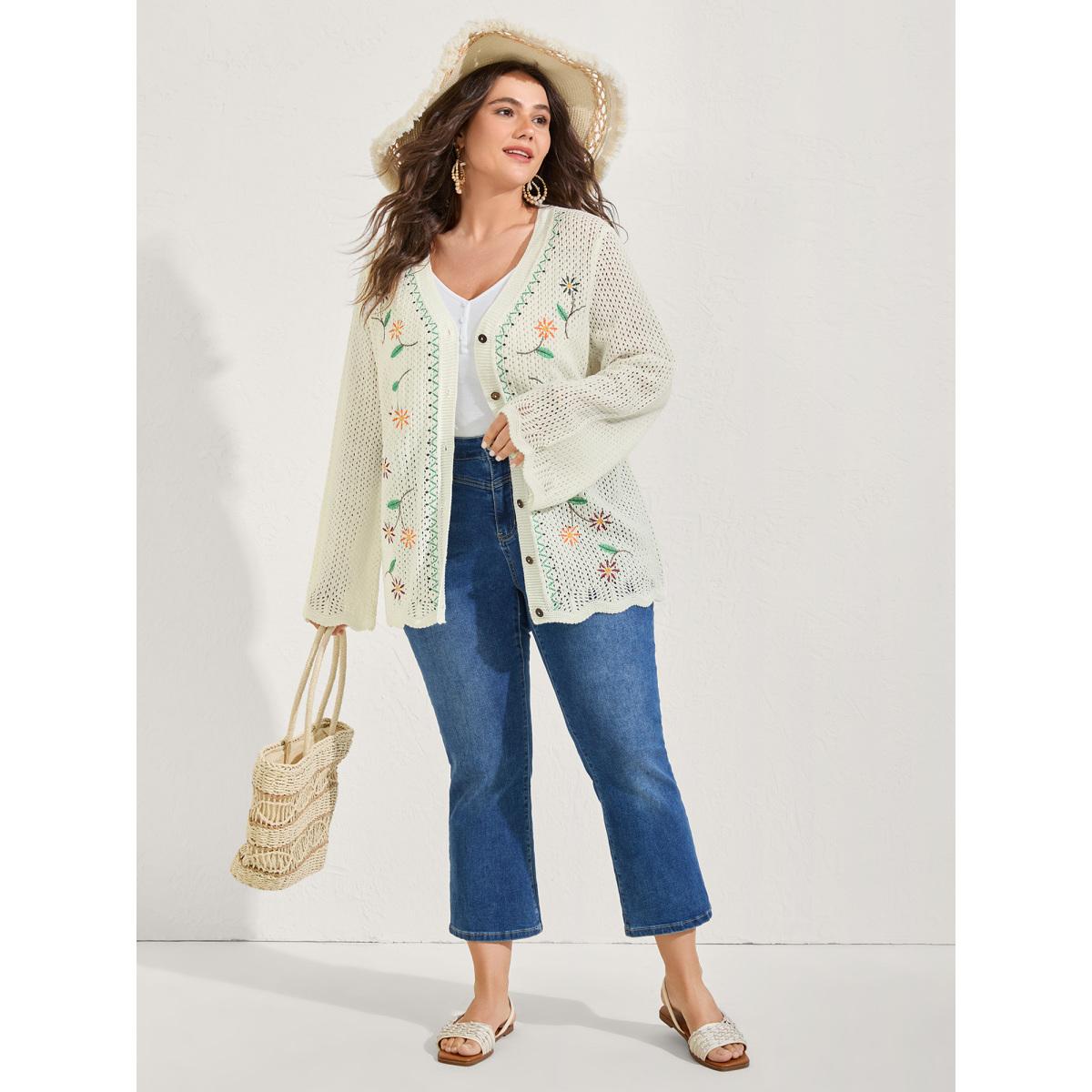 Plus Size Floral Embroidery Flared Sleeve Knit Cardigan Ivory Women Resort Loose Long Sleeve Vacation Cardigans BloomChic 22-24/3X Product Image