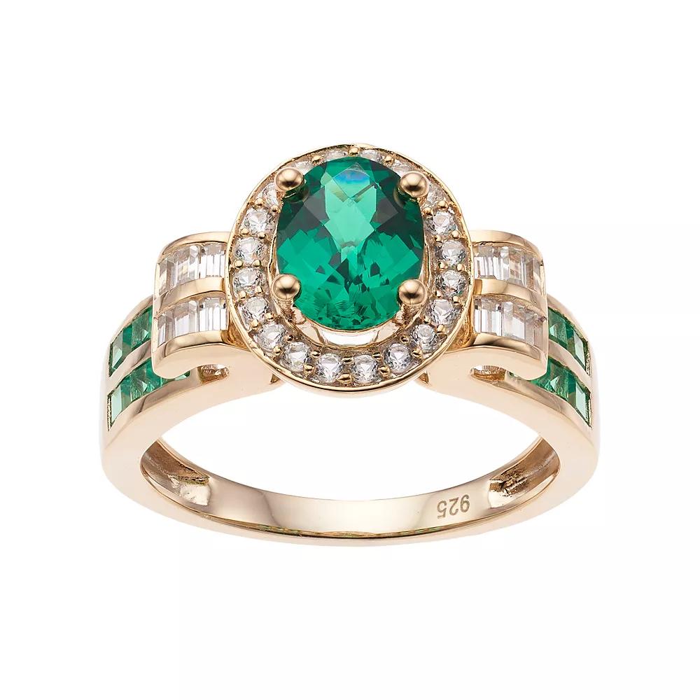 14k Gold Over Silver Lab-Created Emerald & White Sapphire Oval Halo Ring, Women's, Size: 8, Gold Tone Product Image