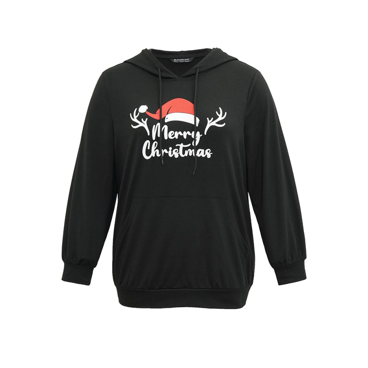Plus Size Christmas Letter Hooded Drawstring Pocket Sweatshirt Women Black Casual Elastic cuffs Festival-Christmas Sweatshirts BloomChic 28/5X Product Image