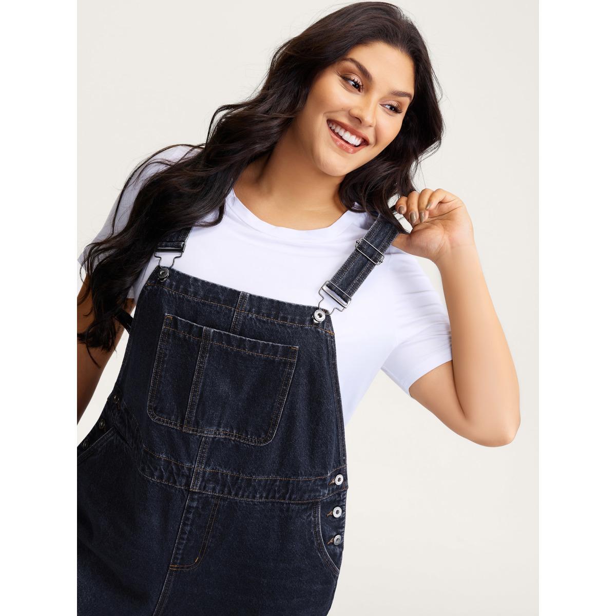 Plus Size Cotton Relaxed-Fit Side Button Overall Denim Jumpsuit Midnight Women No stretch Casual Slanted pocket Leisure Denim Jumpsuits BloomChic 28/5X Product Image