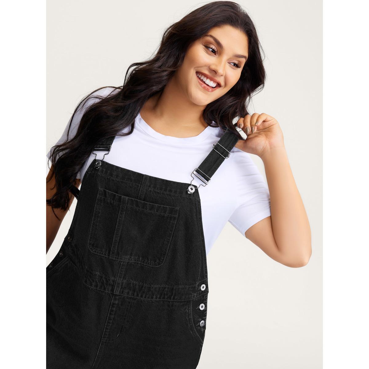 Plus Size Cotton Relaxed-Fit Side Button Overall Denim Jumpsuit Denimblack Women No stretch Casual Slanted pocket Leisure Denim Jumpsuits BloomChic 22/3X Product Image