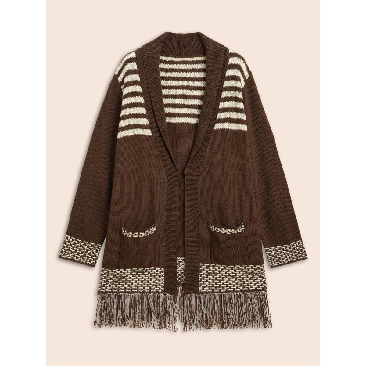 Plus Size Woolen Tassels Pockets Open Cardigan DarkBrown Women Resort Loose Long Sleeve Vacation Cardigans BloomChic 18-20/2X Product Image