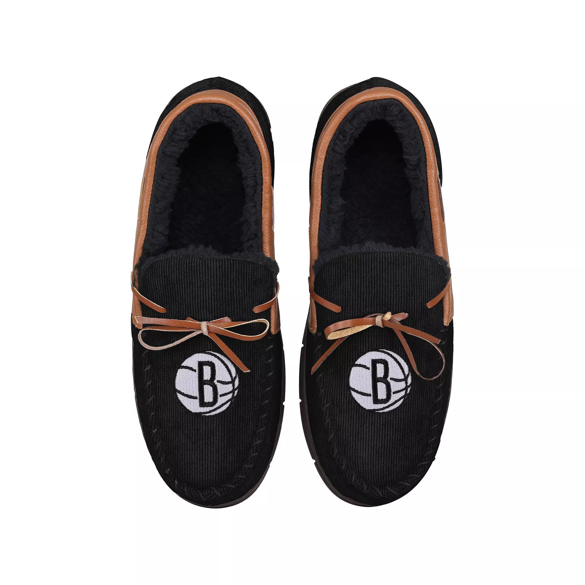 Men's FOCO Brooklyn Nets Corduroy Moccasin Slippers, Size: Small, Black Product Image