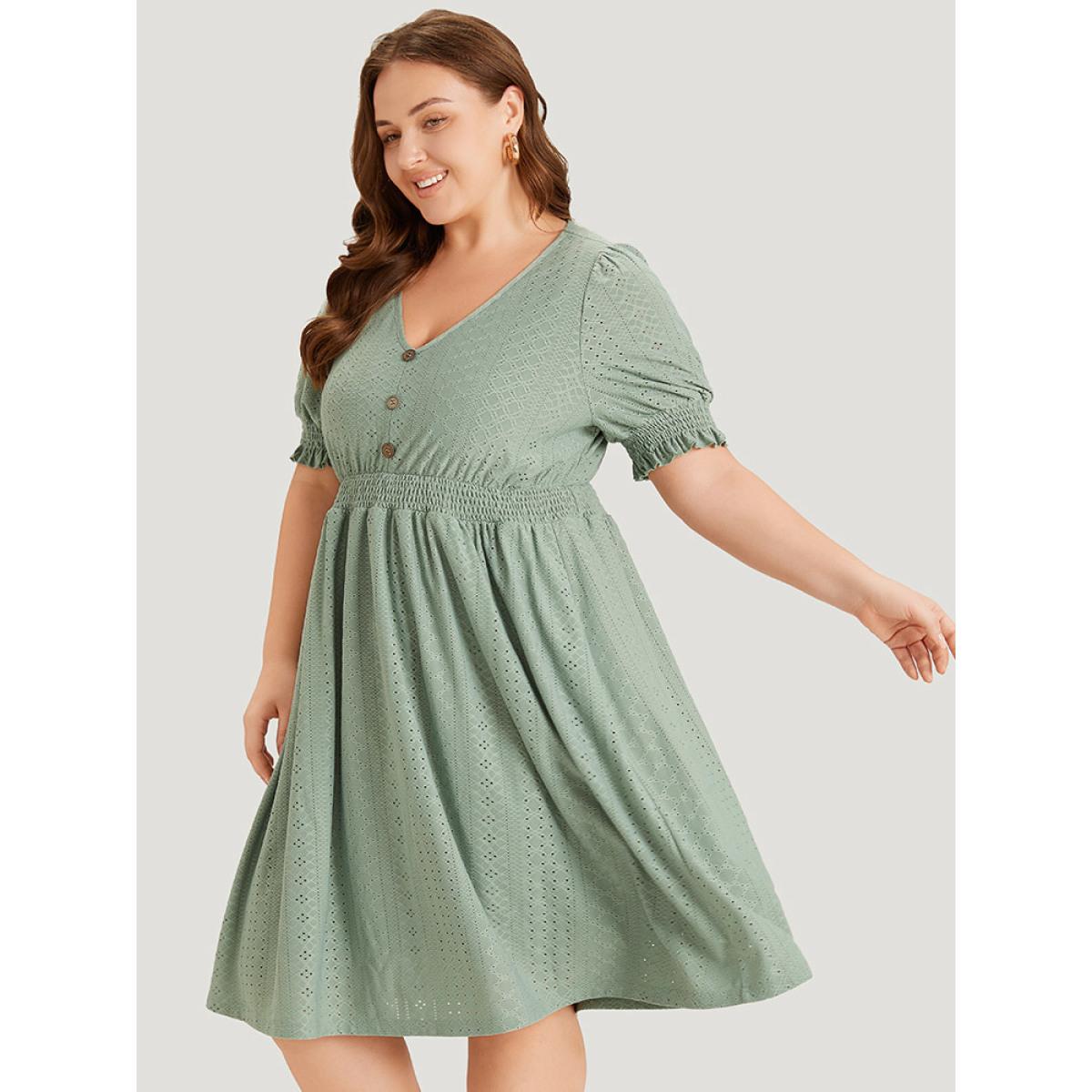 Plus Size Geometric Eyelet Pocket Button Detail Shirred Dress Sage Women Office Elastic cuffs V-neck Short sleeve Curvy Midi Dress BloomChic 14-16/1X Product Image