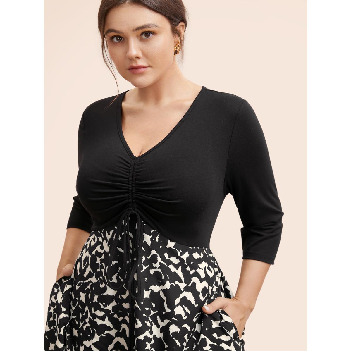 Plus Size V Neck Patchwork Drawstring Dress Black Women Elegant Patchwork V-neck Elbow-length sleeve Curvy BloomChic 14-16/1X Product Image