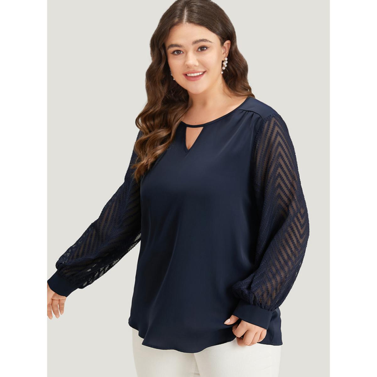 Plus Size Black Plain Keyhole Lace Patchwork Lantern Sleeve Blouse Women Office Long Sleeve Keyhole Cut-Out Work Blouses BloomChic 22-24/3X Product Image