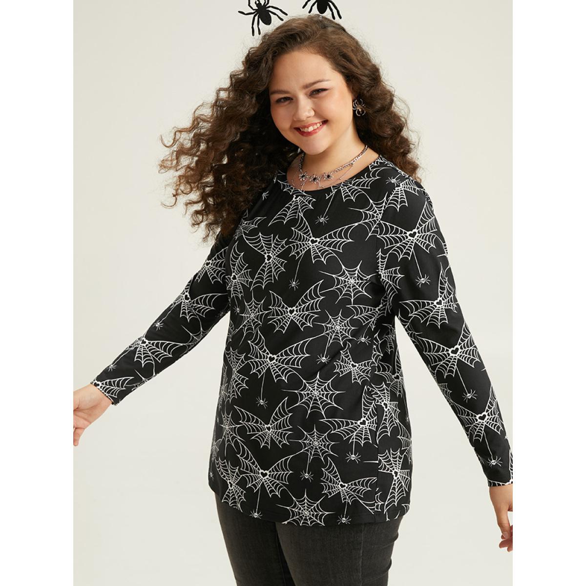 Plus Size Halloween Spider Web Print Round Neck T-shirt Black Women Casual Printed Graphic-Halloween Round Neck Festival-Halloween T-shirts BloomChic 26/4X Product Image