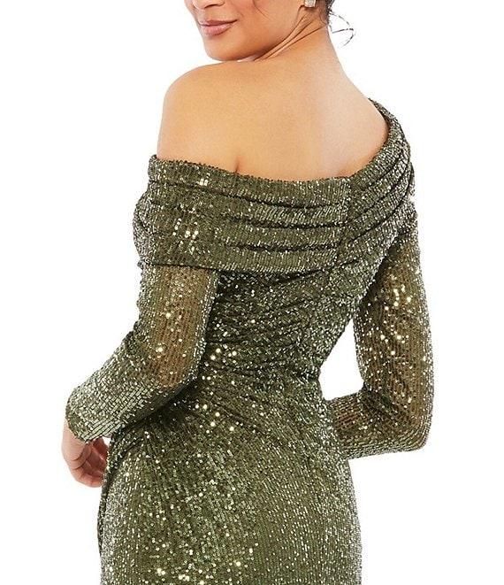 Mac Duggal Long Sleeve Asymmetric One Shoulder Ruched Thigh High Slit Sequin Midi Dress Product Image