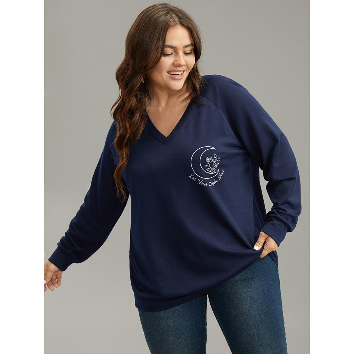 Plus Size Moon Print V Neck Raglan Sleeve Sweatshirt Women Indigo Casual Elastic cuffs Dailywear Sweatshirts BloomChic 12/L Product Image
