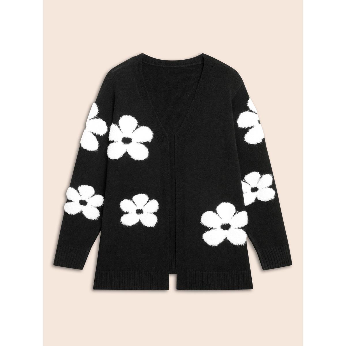 Plus Size Floral Jacquard Drop Shoulder Sleeve Cardigan Black Women Casual Loose Long Sleeve Everyday Cardigans BloomChic 14-16/1X Product Image