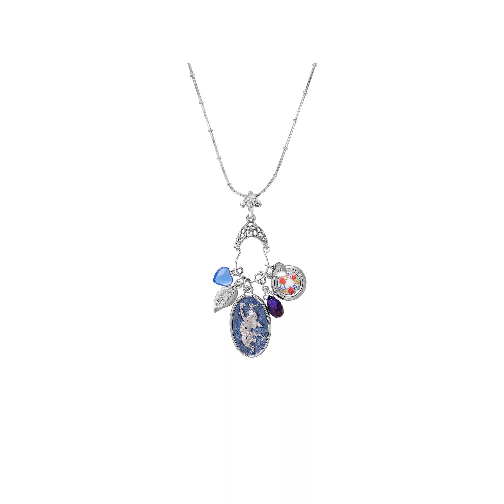 1928 Silver Tone Light Blue Angel Charm Holder Charm Necklace, Womens Product Image
