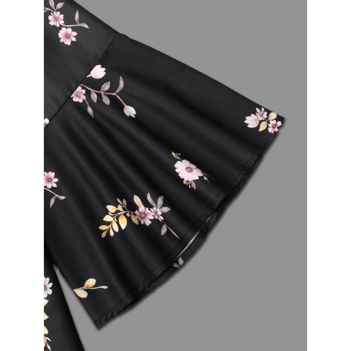 Plus Size BlackFlower Gradient Floral Ruffle Sleeves Blouse Women Elegant Elbow-length sleeve V-neck Everyday Blouses BloomChic 14-16/1X Product Image