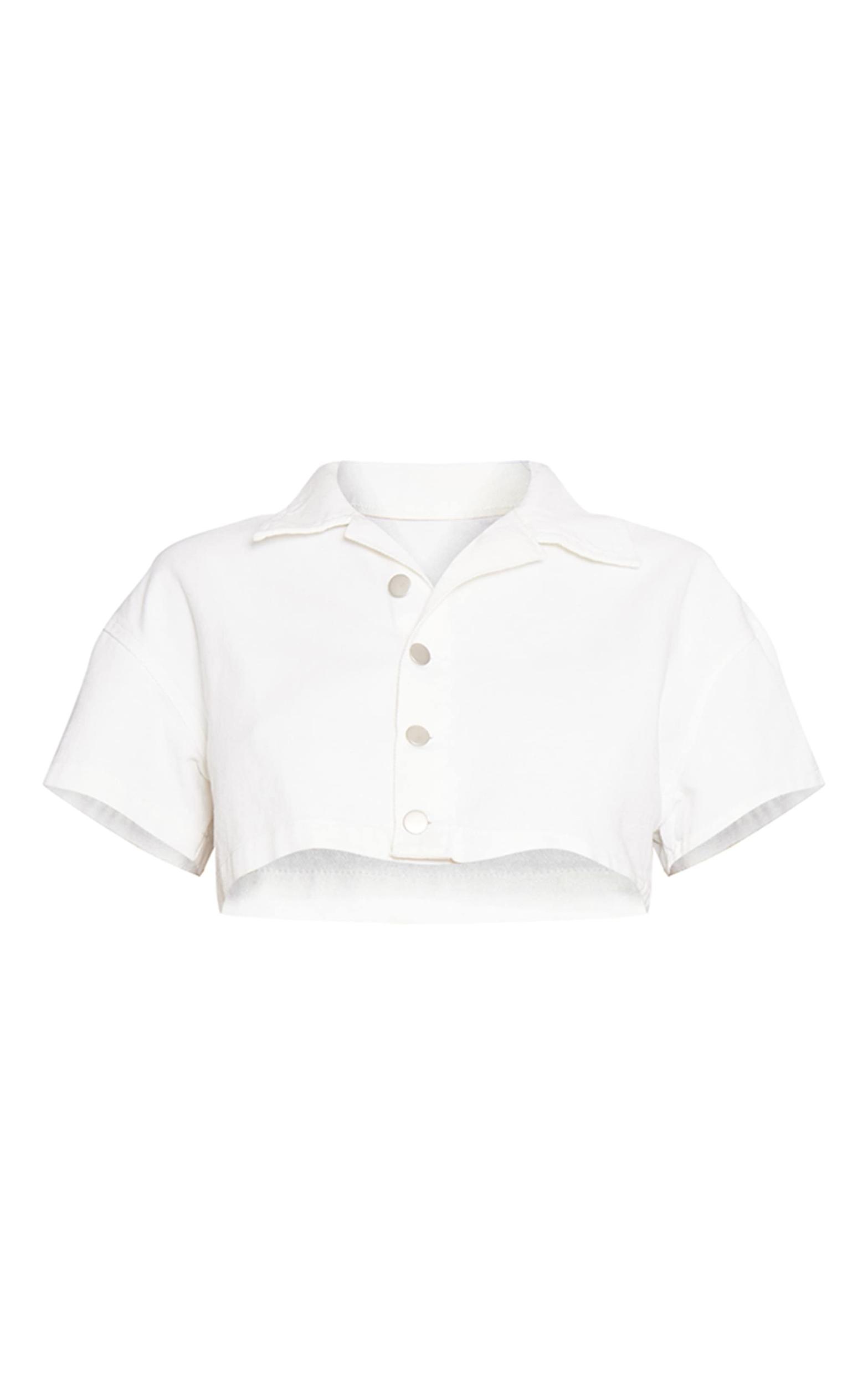 White Short Sleeve Cropped Denim Shirt Product Image