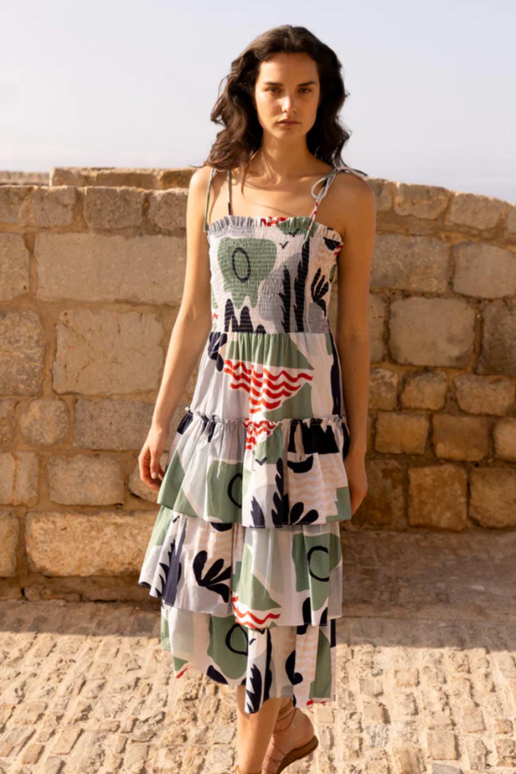 Smocked Tie Strap Midi - Riveria Sage Product Image