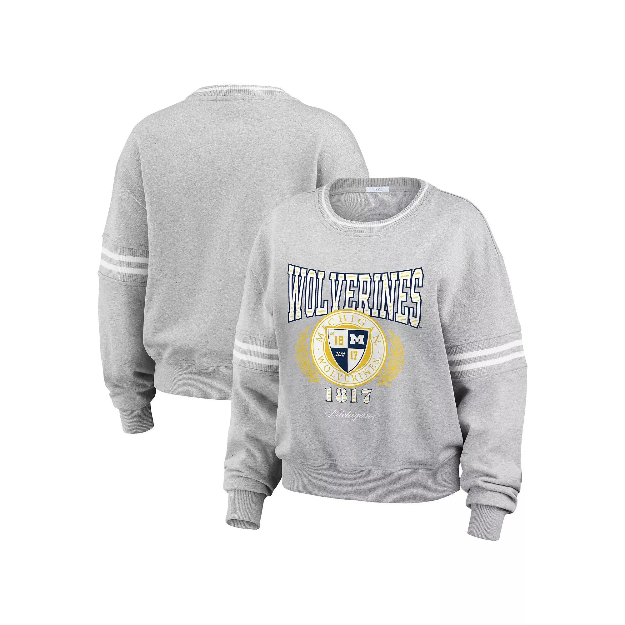 Women's WEAR by Erin Andrews Heather Gray Michigan Wolverines Classic Stripe Pullover Sweater,  Product Image