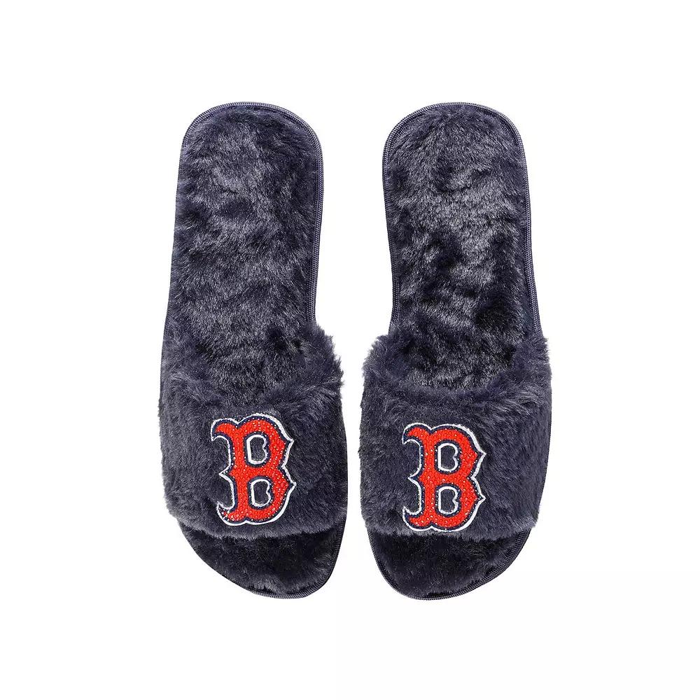 Women's FOCO Navy Boston Red Sox Rhinestone Fuzzy Slippers,  Product Image
