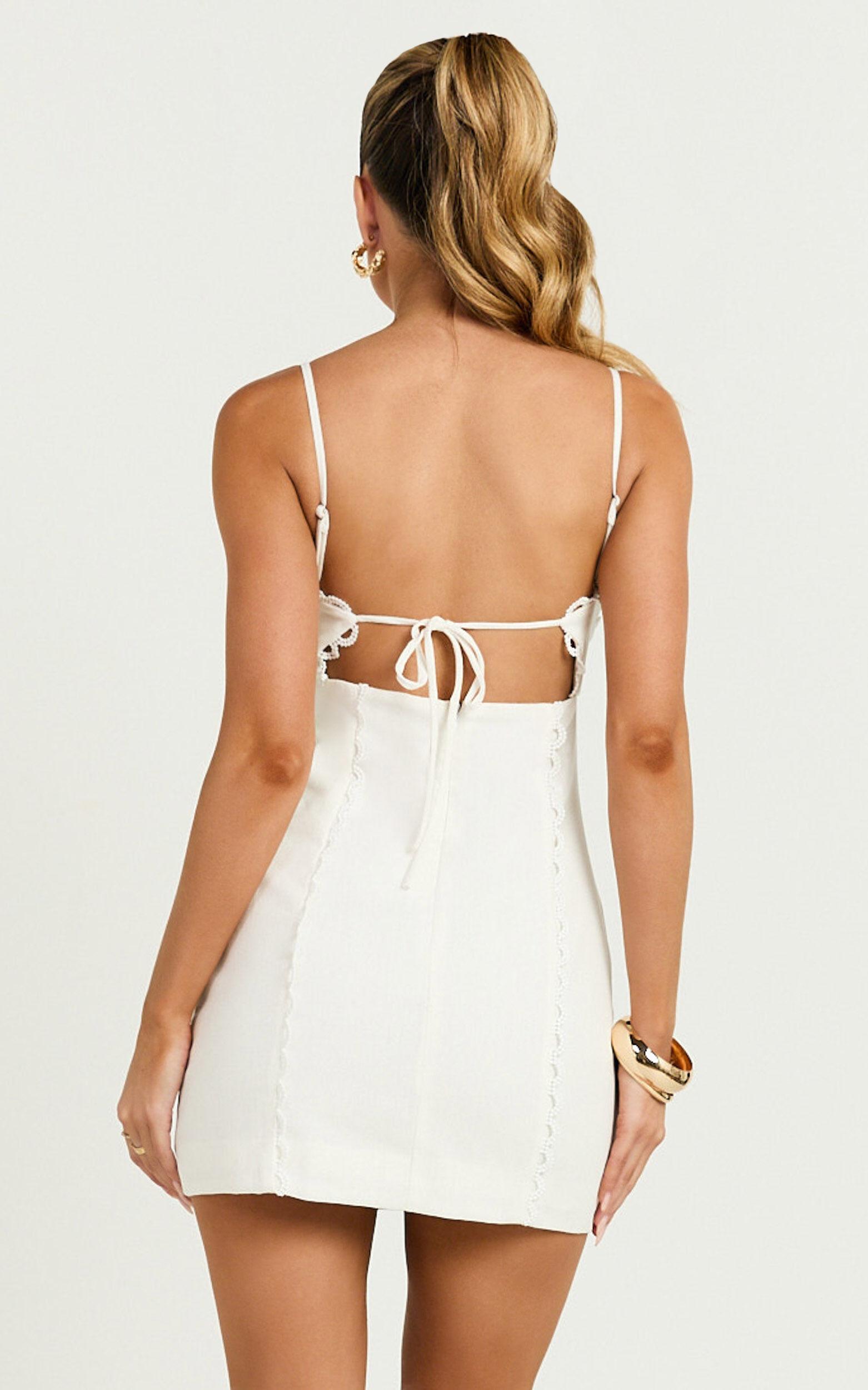 Gigi Mini Linen Blend Dress - Sweetheart Tie Back Scallop Detail Dress in Off White Product Image