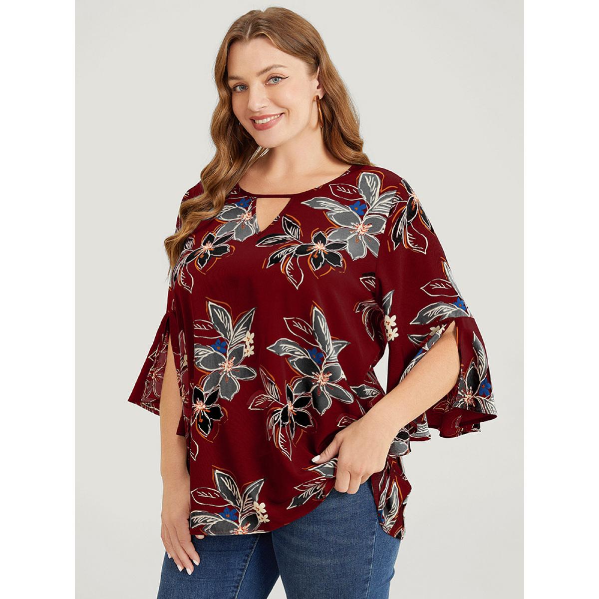 Plus Size Scarlet Floral Print Keyhole Neck Split Bell Sleeve Blouse Women Elegant Elbow-length sleeve Round Neck Dailywear Blouses BloomChic 12/L Product Image