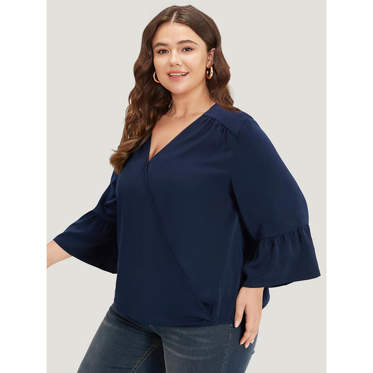 Plus Size Indigo Anti-Wrinkle Plain Surplice Neck Bell Sleeve Blouse Women Office Elbow-length sleeve V-neck Office Blouses BloomChic 28/5X Product Image