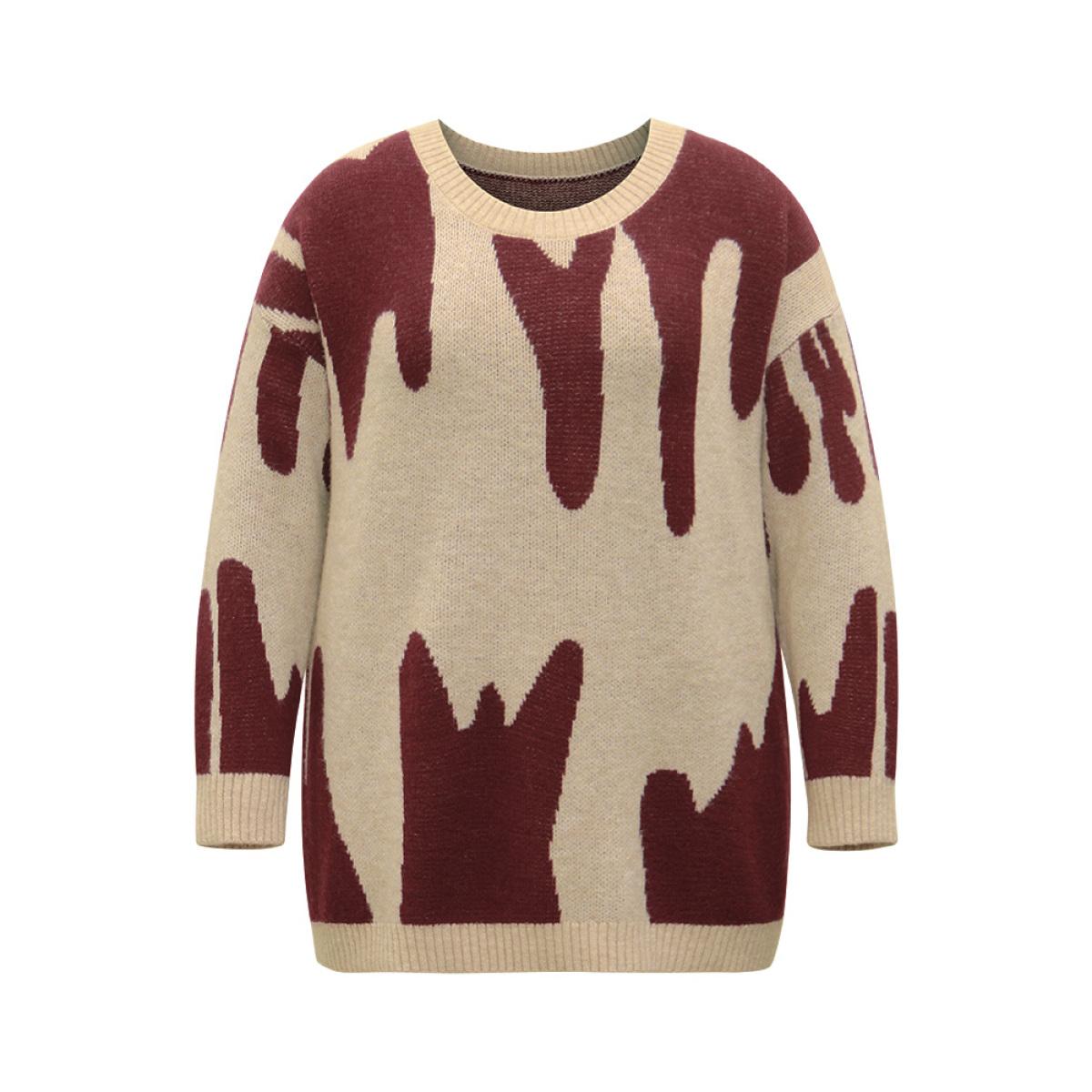 Plus Size Supersoft Essentials Asymmetrical Colorblock Jacquard Pullover Tan Women Casual Loose Long Sleeve Round Neck Dailywear Pullovers BloomChic 18-20/2X Product Image