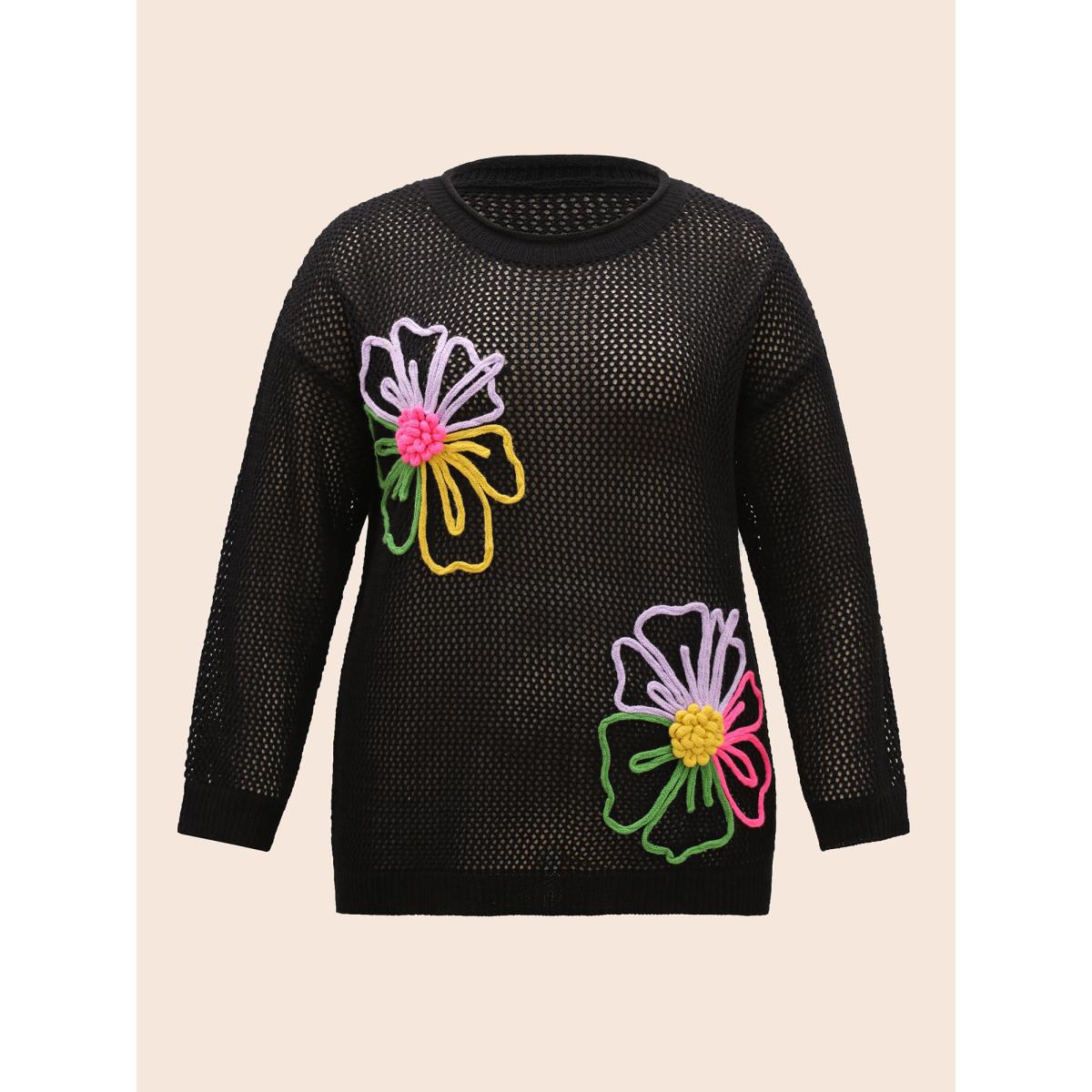 Plus Size Crochet Floral Contrast Texture Pullover Black Women Casual Long Sleeve Round Neck Everyday Pullovers BloomChic 10/M Product Image