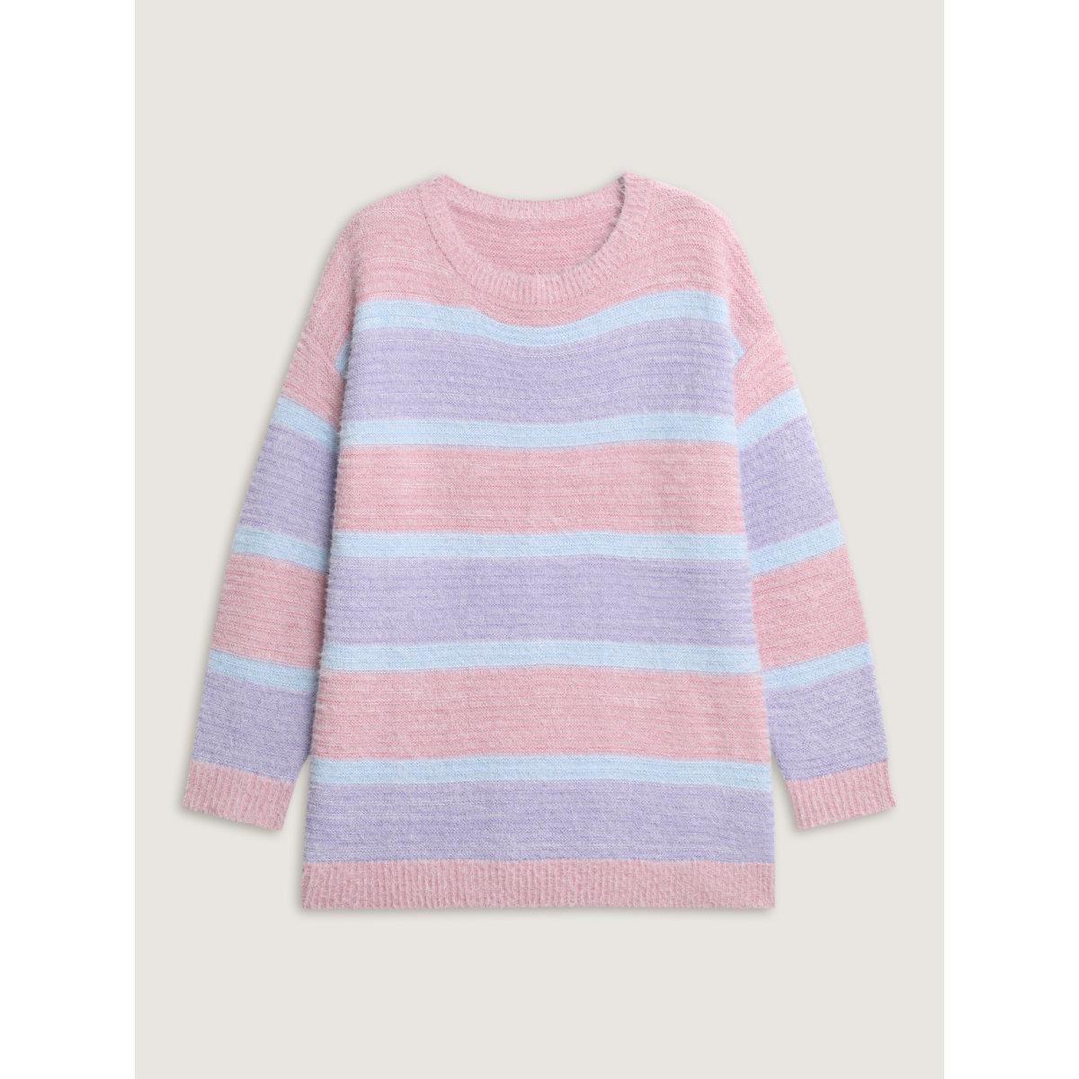 Plus Size Color Stripe Fluffy Textured Pullover Lilac Women Playful Loose Long Sleeve Round Neck Casual Pullovers BloomChic 14-16/1X Product Image
