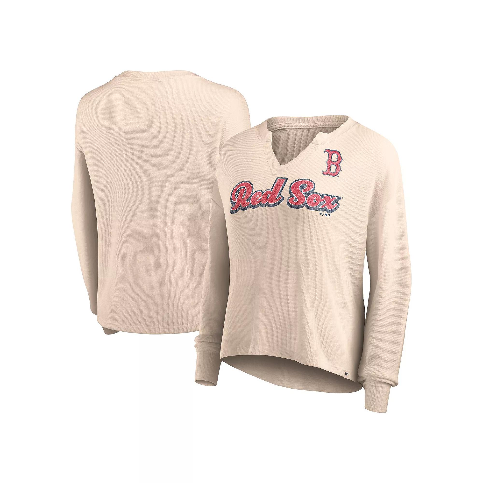 Women's Fanatics Branded Cream Boston Red Sox Go For It Waffle Knit Long Sleeve Notch Neck T-Shirt, Size: Medium, Beige Product Image