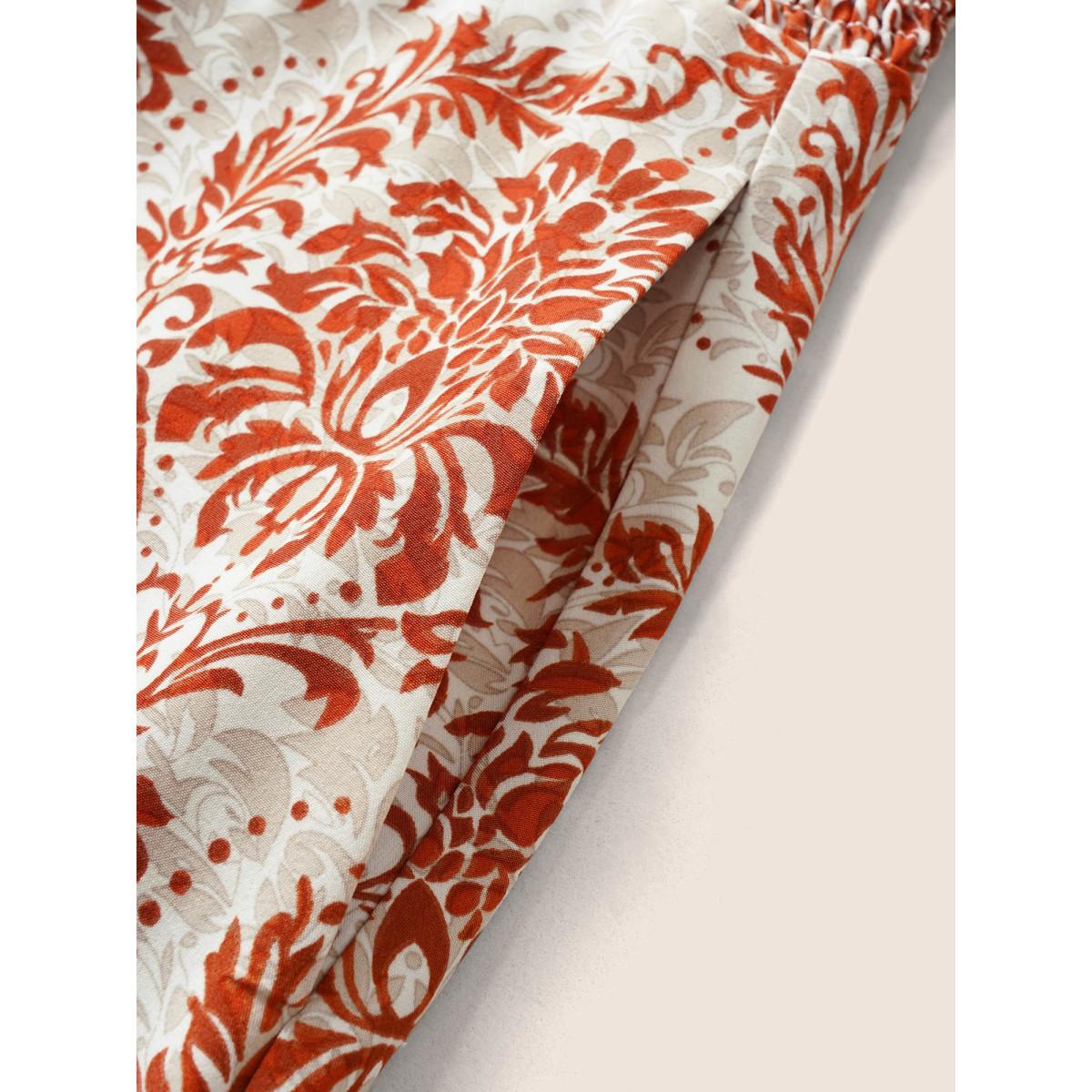 Plus Size Moroccan Print Shirred Slit Hem Dress Red Women Resort Slit V-neck Cap Sleeve Curvy Long Dress BloomChic 26/4X Product Image