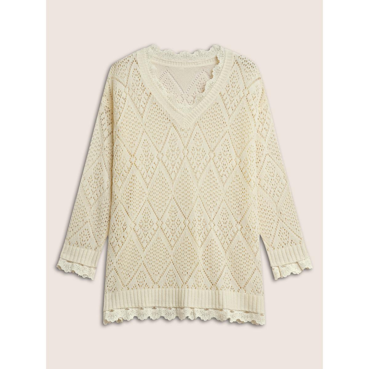 Plus Size Geometric Hollow Out Mesh Lace Panel Pullover Apricot Women Elegant Long Sleeve V-neck Everyday Pullovers BloomChic 10/M Product Image