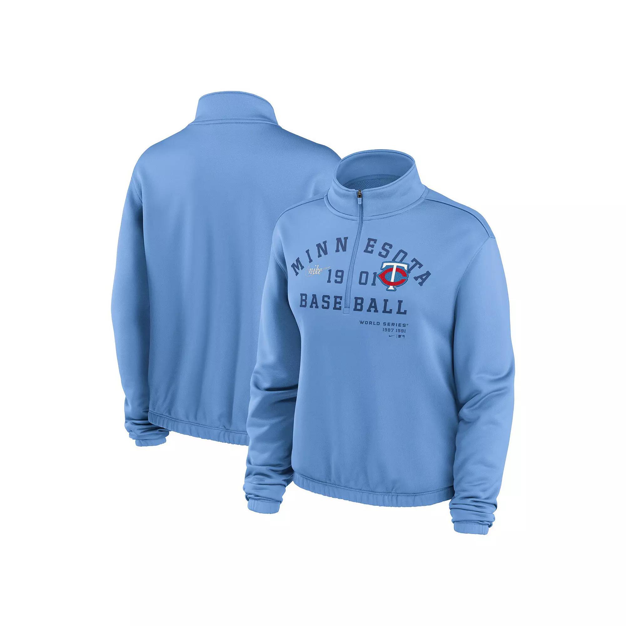 Women's Nike Light Blue Minnesota Twins Rewind Splice Half-Zip Semi-Cropped Bubble Hem Sweatshirt, Size: Small Product Image