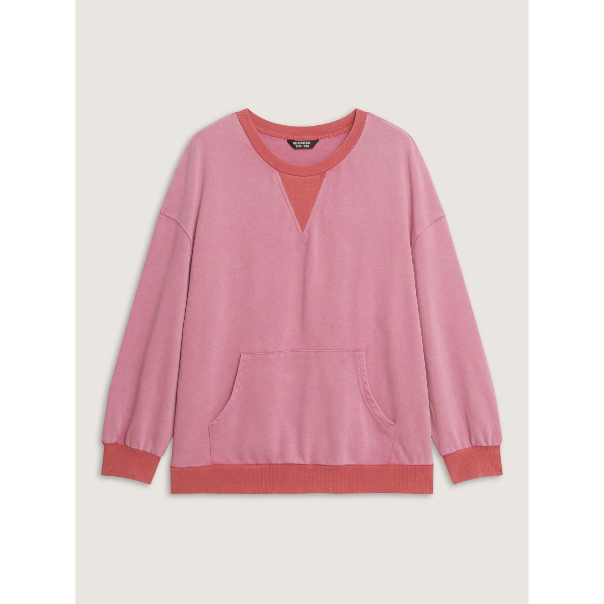 Plus Size Pure Cotton Washed Distressed Pocket Sweatshirt Women Beanpastepowder Leisure Contrast Round Neck Casual Sweatshirts BloomChic 14-16/1X Product Image