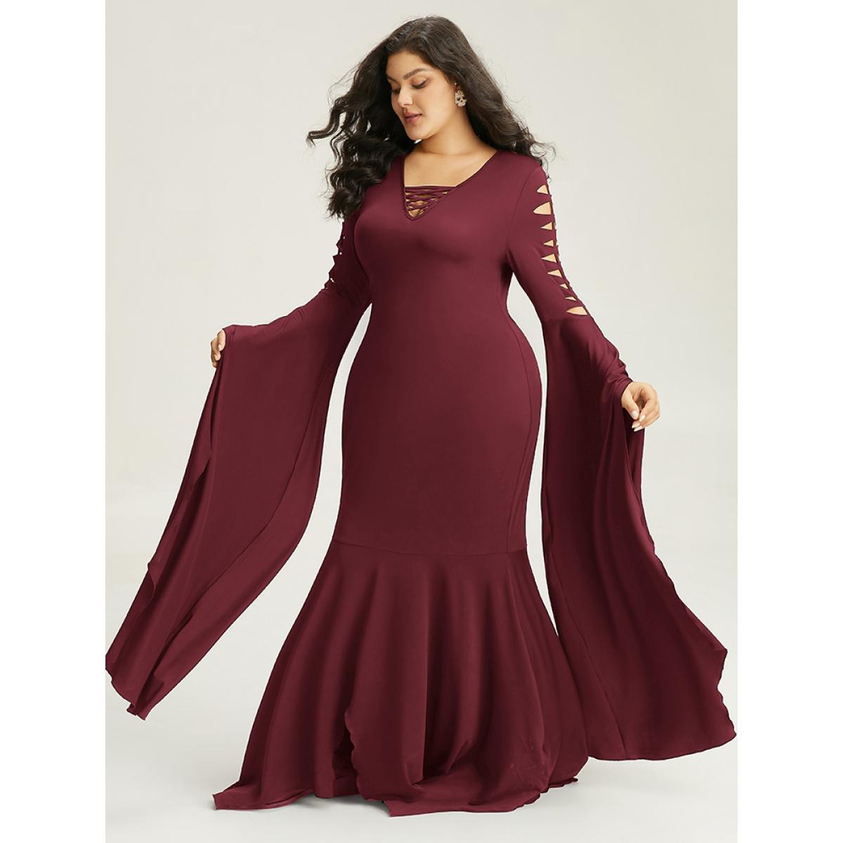 Plus Size Halloween Ripped Extra Long Sleeve Dress Burgundy Women Elegant Plain V-neck Extra Long Sleeve Curvy Maxi Dress BloomChic 14-16/1X Product Image