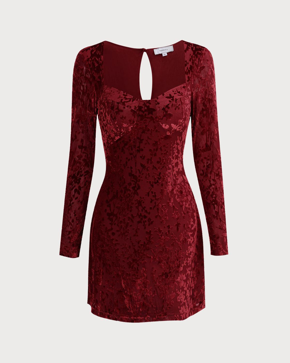 The Wine Red Floral Cutout Back Mini Dress Product Image