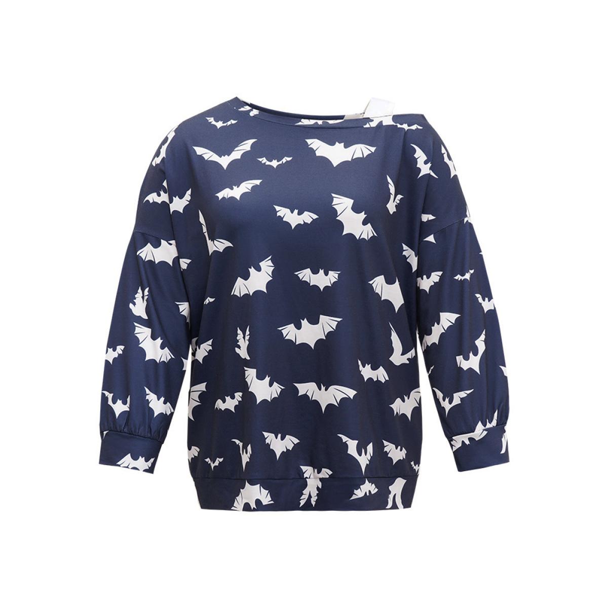 Plus Size Halloween Bat Print Elastic Cuffs Cold Shoulder Sweatshirt Women Indigo Casual Elastic cuffs Cold Shoulder Dailywear Sweatshirts BloomChic 30/6X Product Image