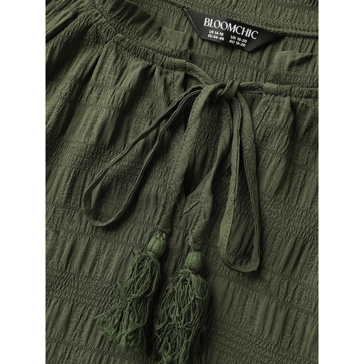 Plus Size ArmyGreen Notched Neck-Tie Crinkle Tiered Blouse Women Boho Half Sleeve Flat collar with V-notch Vacation Blouses BloomChic 12/L Product Image