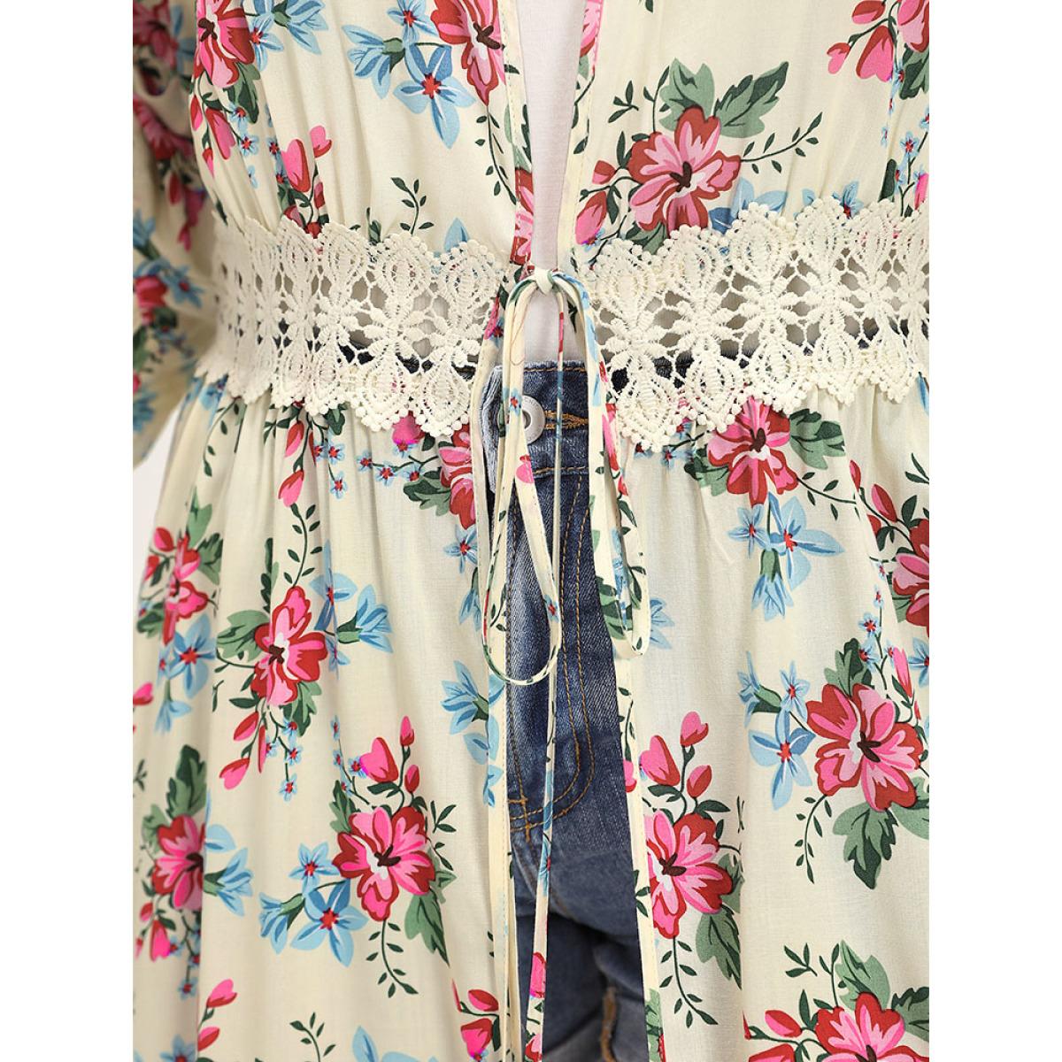 Plus Size Floral Print Open Front Knot Guipure Lace Ruffles Kimono Women Beige Vacation Printed Dailywear Kimonos BloomChic 10/M Product Image