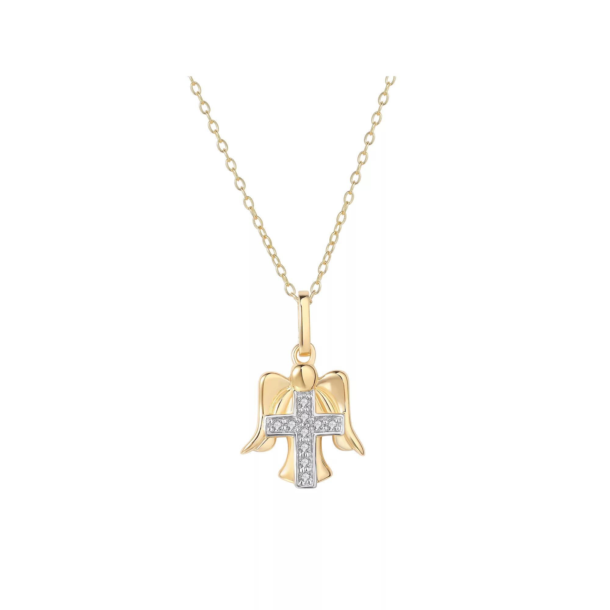 14k Gold Plated Sterling Silver 1/10 Carat T.W. Diamond Cross Angel Pendant Necklace, Women's, Size: 18", Two Tone Product Image