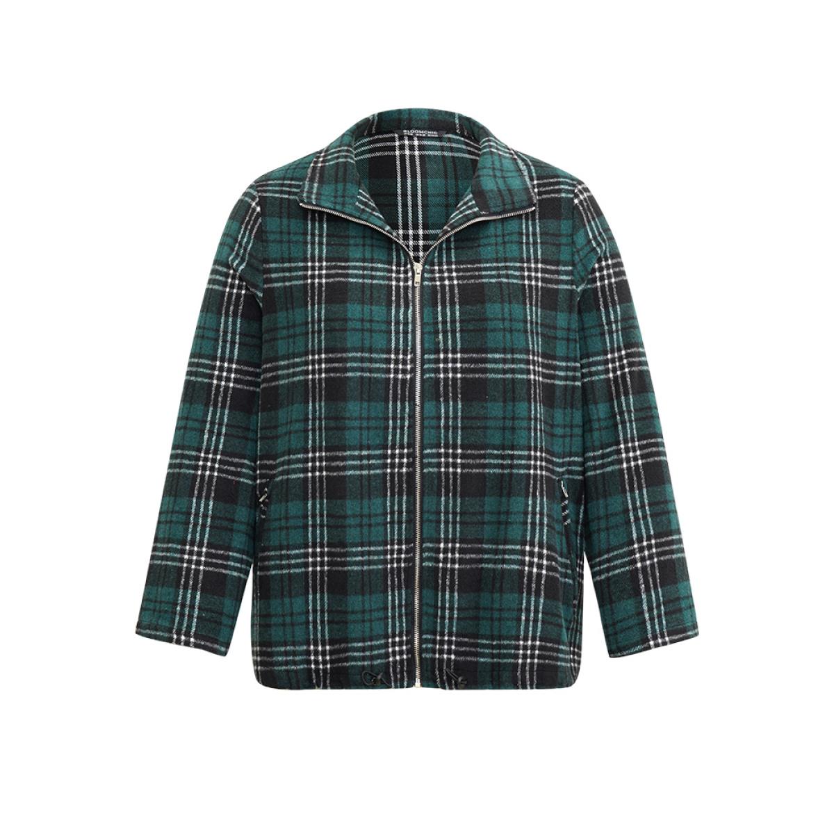 Plus Size Plaid Lapel Collar Pocket Zipper Fly Jacket Women DarkGreen Contrast Pocket Dailywear Jackets BloomChic 28/5X Product Image