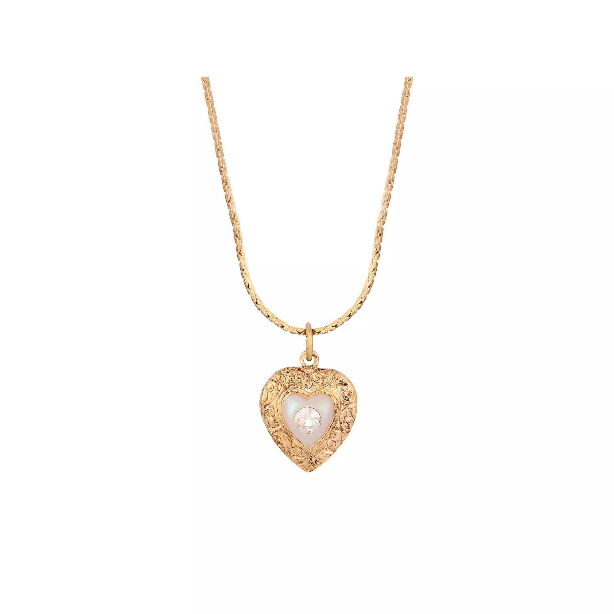 1928 Gold Tone Crystal Vintage Heart Pendant Necklace, Womens, White Product Image