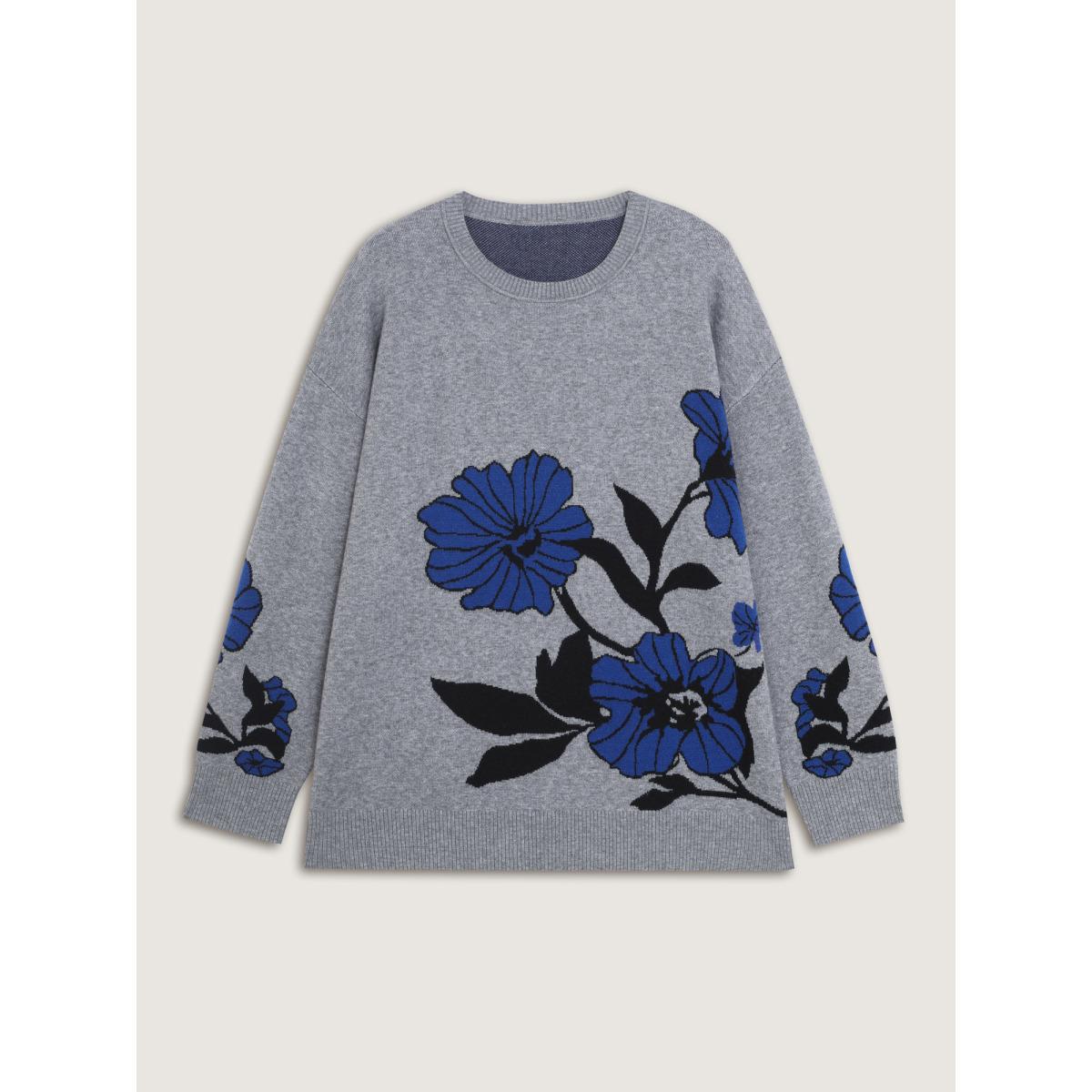 Plus Size Supersoft Floral Round Neck Pullover Mediumgray Women Timeless Loose Long Sleeve Round Neck Elegant Pullovers BloomChic 22-24/3X Product Image