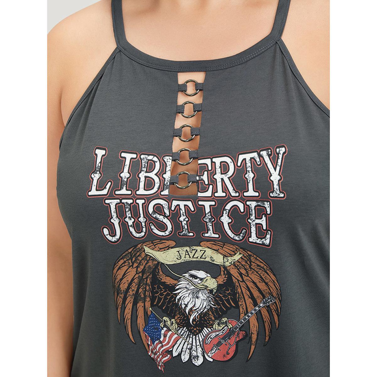 Plus Size Eagle & Letter Print Halter Metal Detail Cut Out Cami Top Women DimGray Casual Arc Hem Dailywear Tank Tops Camis BloomChic 14-16/1X Product Image