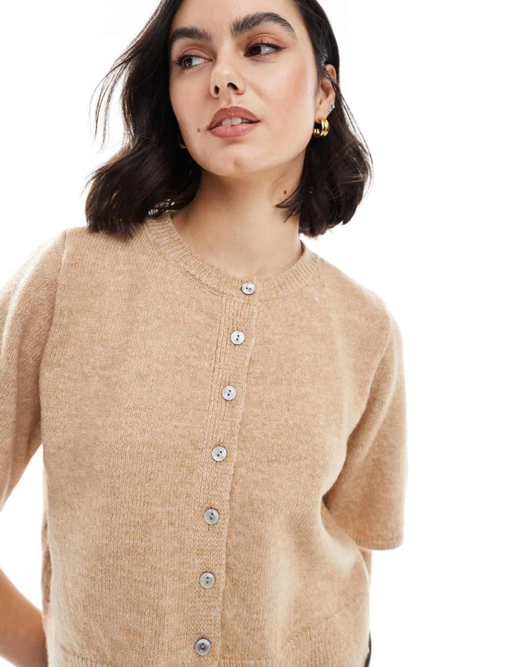 ASOS DESIGN knitted half sleeve cardigan in mocha Product Image